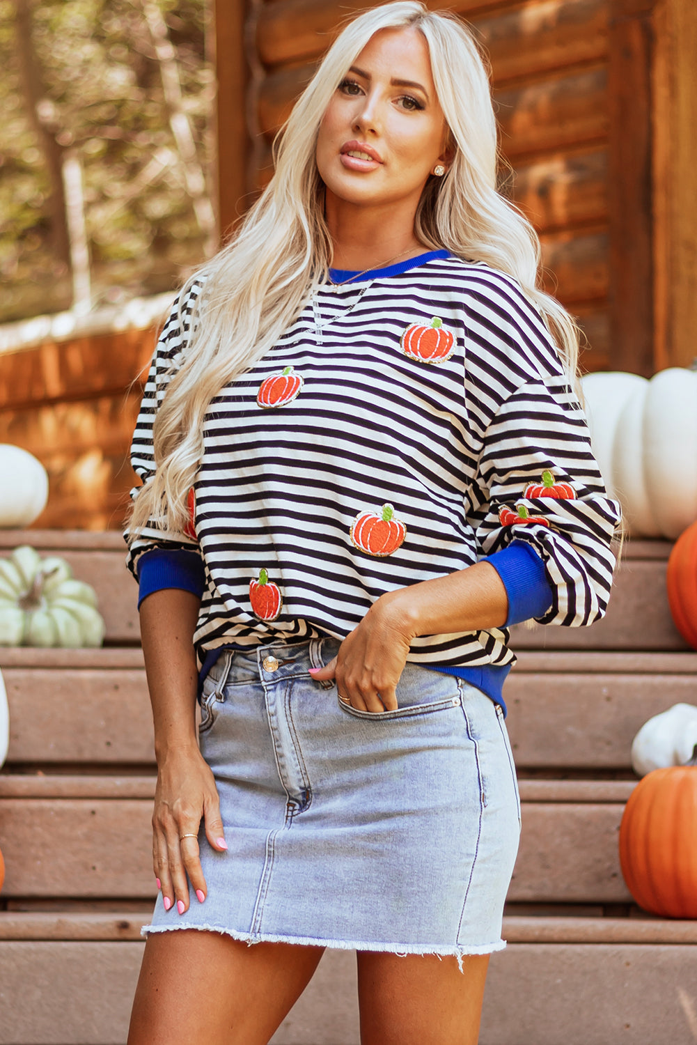 Glitter Halloween Pumpkin Print Oversized Sweatshirt | Black Stripe