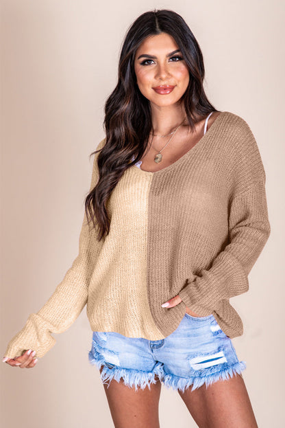 Long Sleeve V-Neck Colourblock Sweater | Khaki