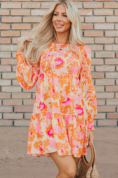 Abstract Print Smocked Lantern Sleeve Ruffle Mini Dress | Orange