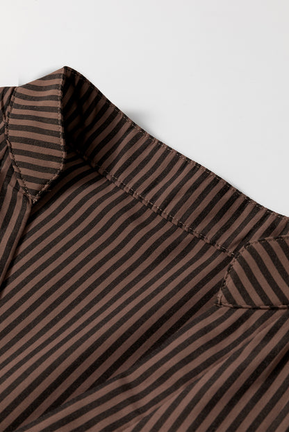 V Neck Roll Up Sleeve Pocket Patched Classic Shirt | Brown Stripe