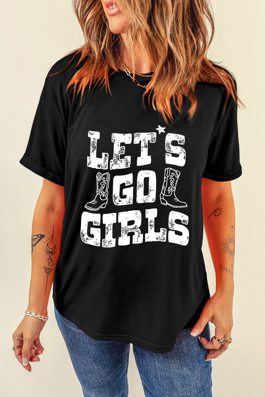 Lets Go Girls Boots Print Crew Neck T Shirt | Black