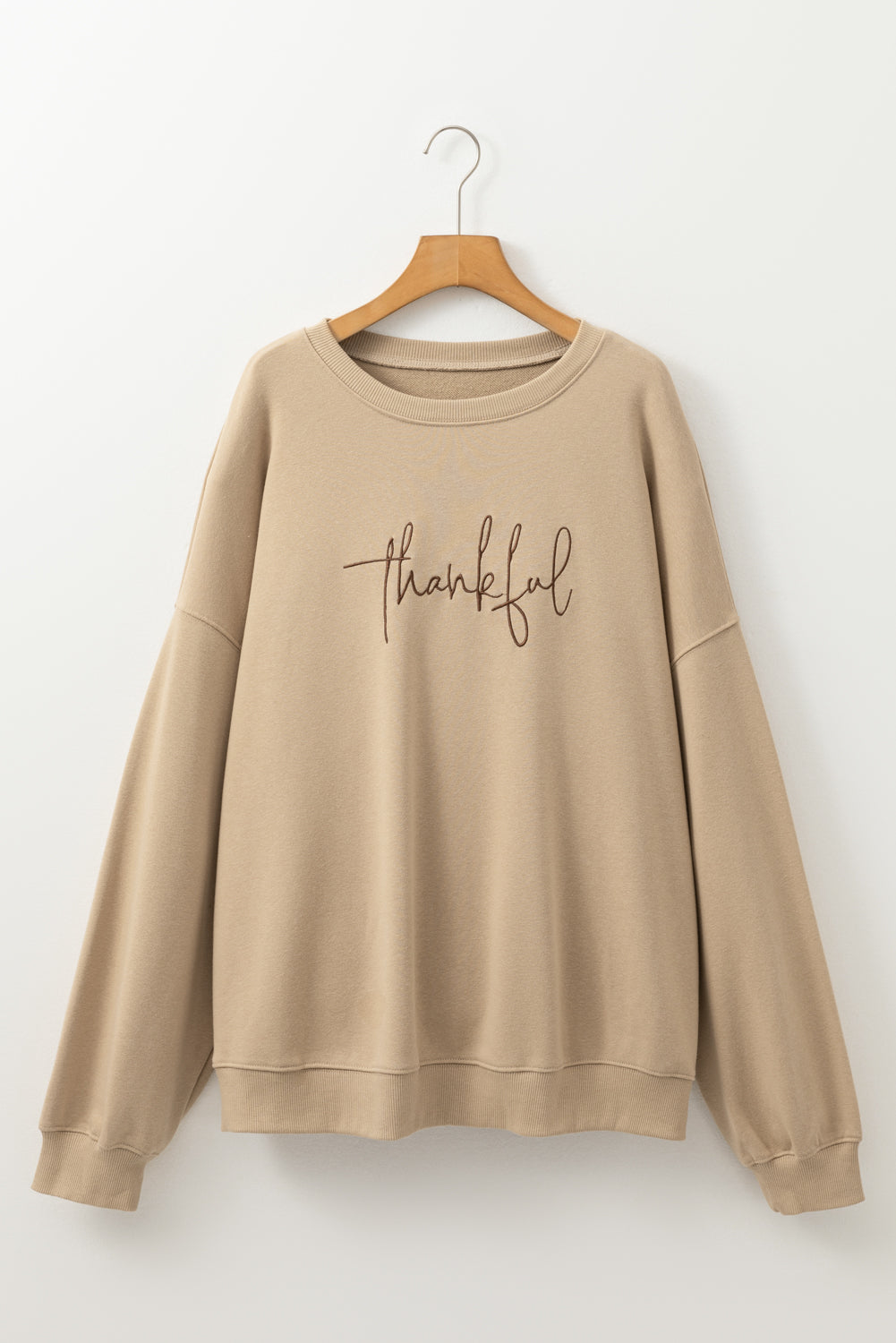 Thankful Embroidered Crew Neck Plus Size Sweatshirt | Apricot