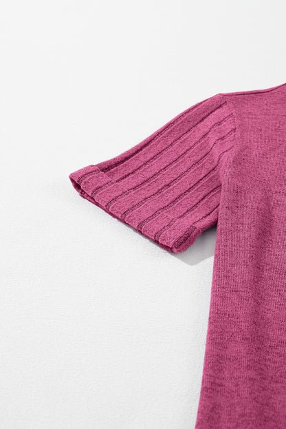 Ribbed Splicing Sleeve Round Neck T-Shirt | Bright Pink