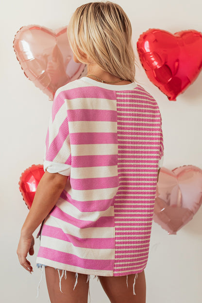 Patchwork Textured Short Sleeve High Low Loose Top | Pink Stripe