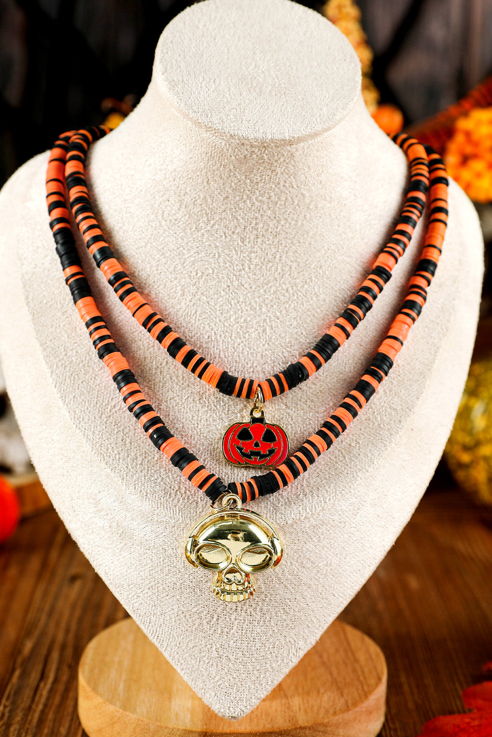 Skull Pumpkin Face Pendant Layered Beaded Halloween Necklace | Russet Orange