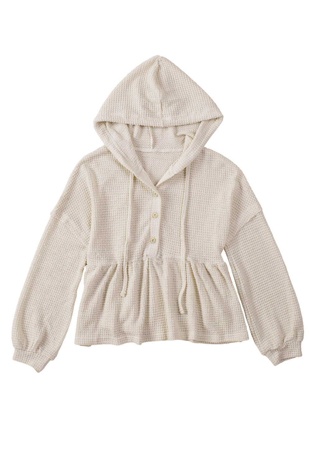 Waffle Knit Buttons Ruffled Hooded Top | Apricot