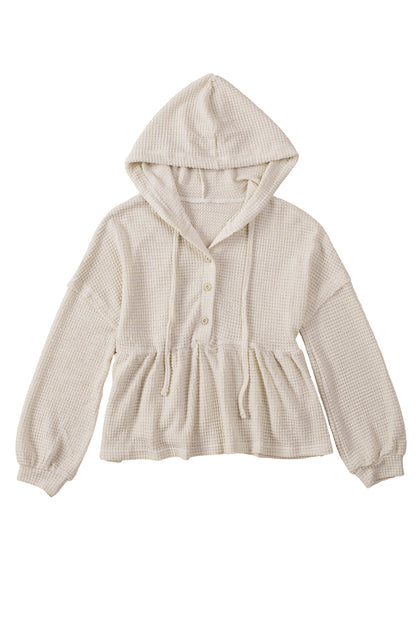 Waffle Knit Buttons Ruffled Hooded Top | Apricot