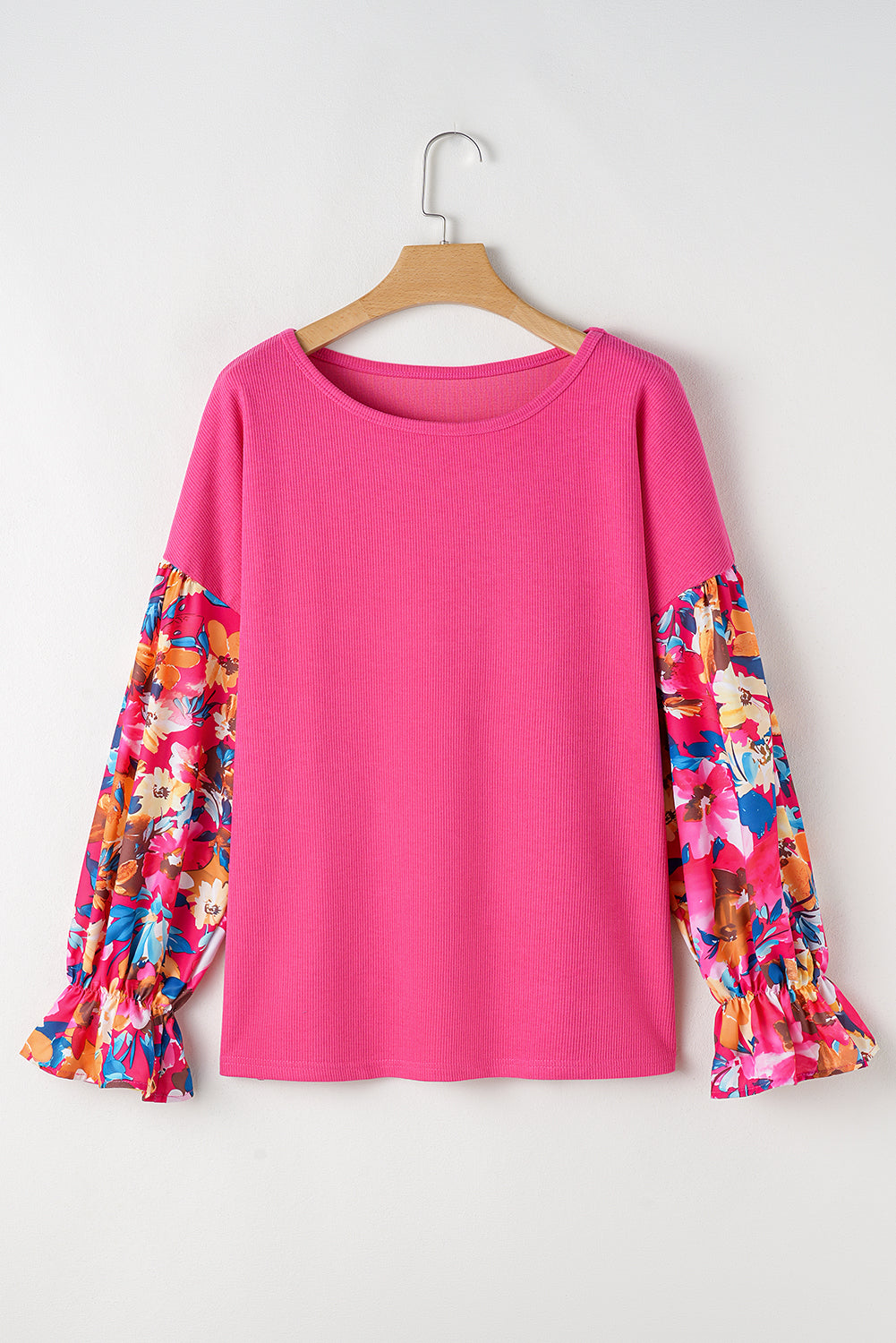 Floral Patchwork Flounce Sleeve Rib Knit Plus Top | Bright Pink