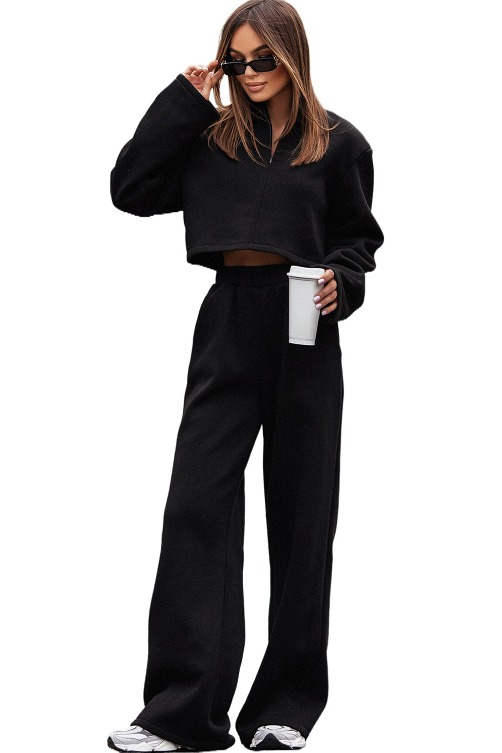 Zipped Collared Crop Top And Wide Leg Pants Set | Black