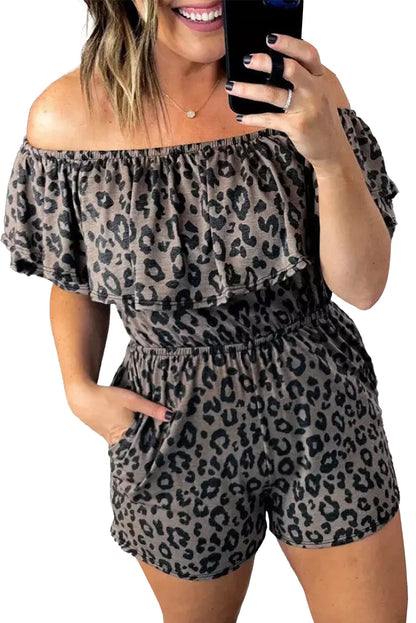 Leopard Off-Shoulder Romper With Pockets | Gray