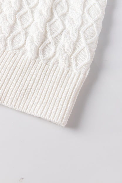 Turtle Neck Short Sleeve Cable Knit Ruffled Sweater | White