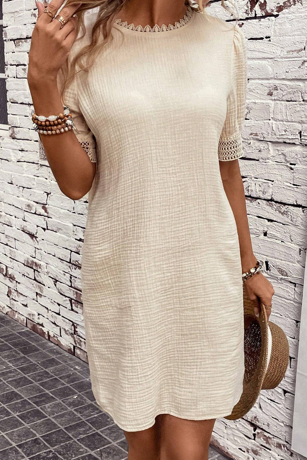 Crinkle Lace Trim Puff Sleeve Shift Mini Dress | Beige