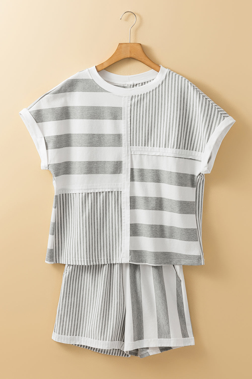 Mixed Print Short Sleeve Top And Pocketed Shorts Set | Gray Stripe