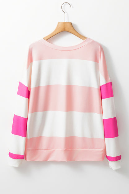 Colourblock Striped Drop Shoulder Long Sleeve Top | Light Pink