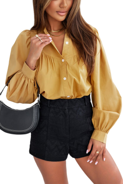 Puff Sleeve Pleated Loose Shirt | Yellow