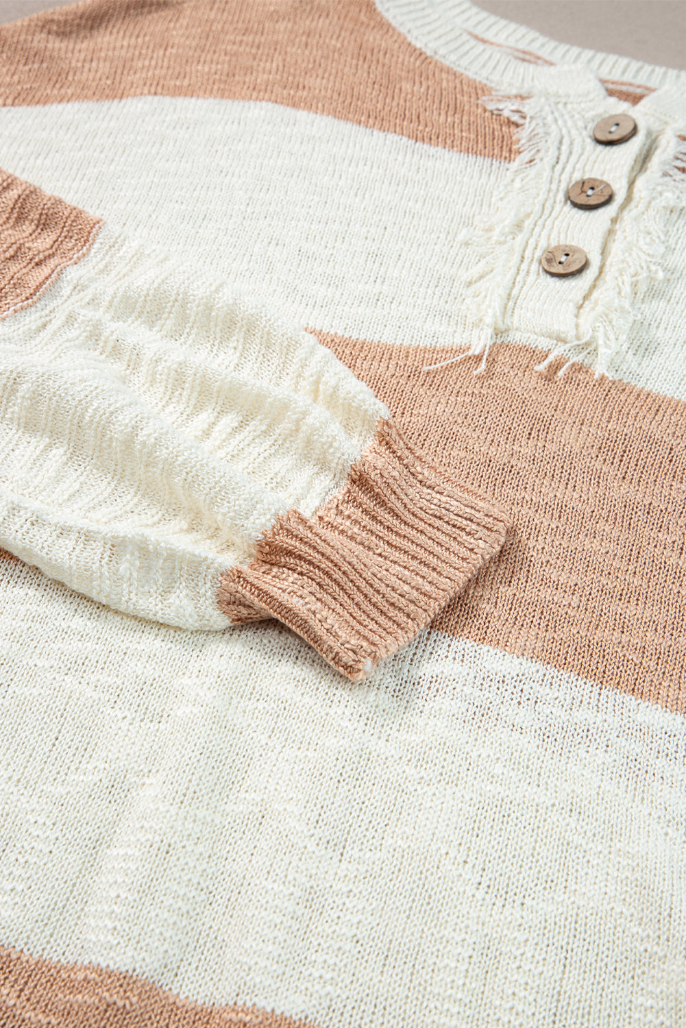 Oversized Colourblock Frayed High Low Henley Sweater | Khaki