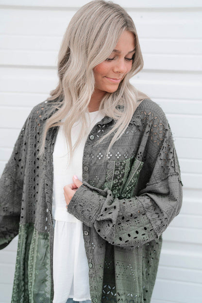 Eyelet Pattern Patchwork Oversized Button Up Shacket | Duffel Green