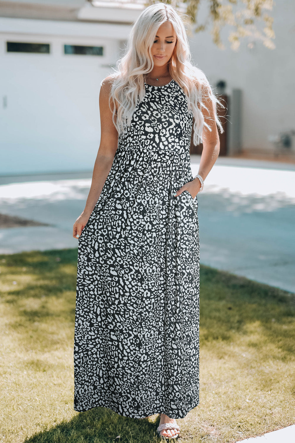 Leopard Print Pocketed Sleeveless Maxi Dress | Gray