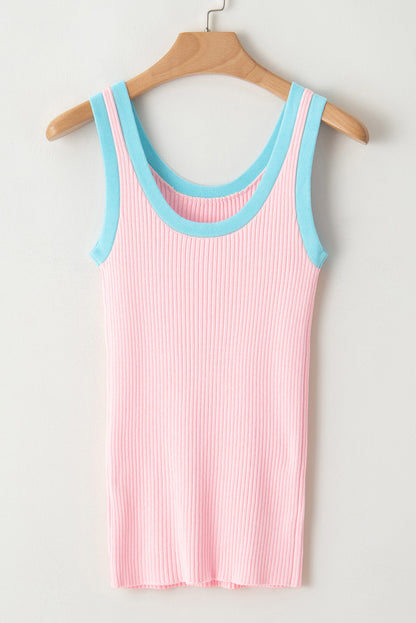 Colourblock Edge Ribbed Knit U Neck Tank Top | Pink