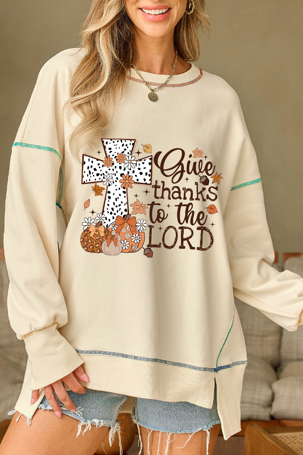 Give Thanks To The Lord Graphic High Low Hem Loose Sweatshirt | White