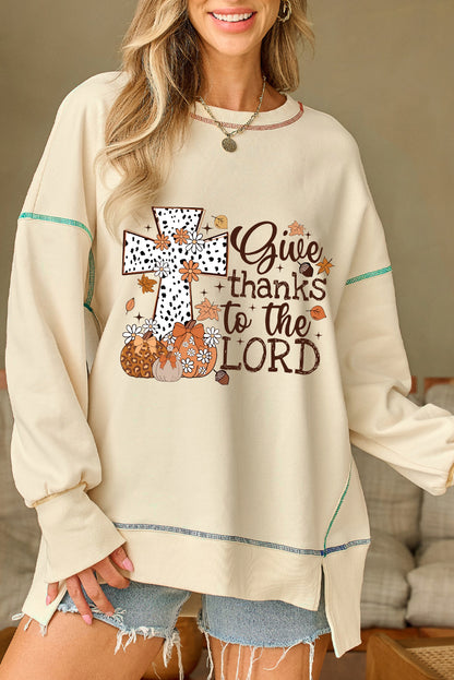 Give Thanks To The Lord Graphic High Low Hem Loose Sweatshirt | White