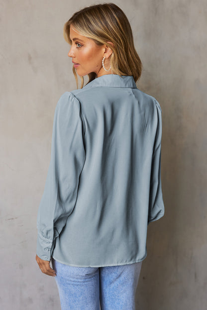 Solid Colour Button Up Puff Sleeve Blouse | Sky Blue