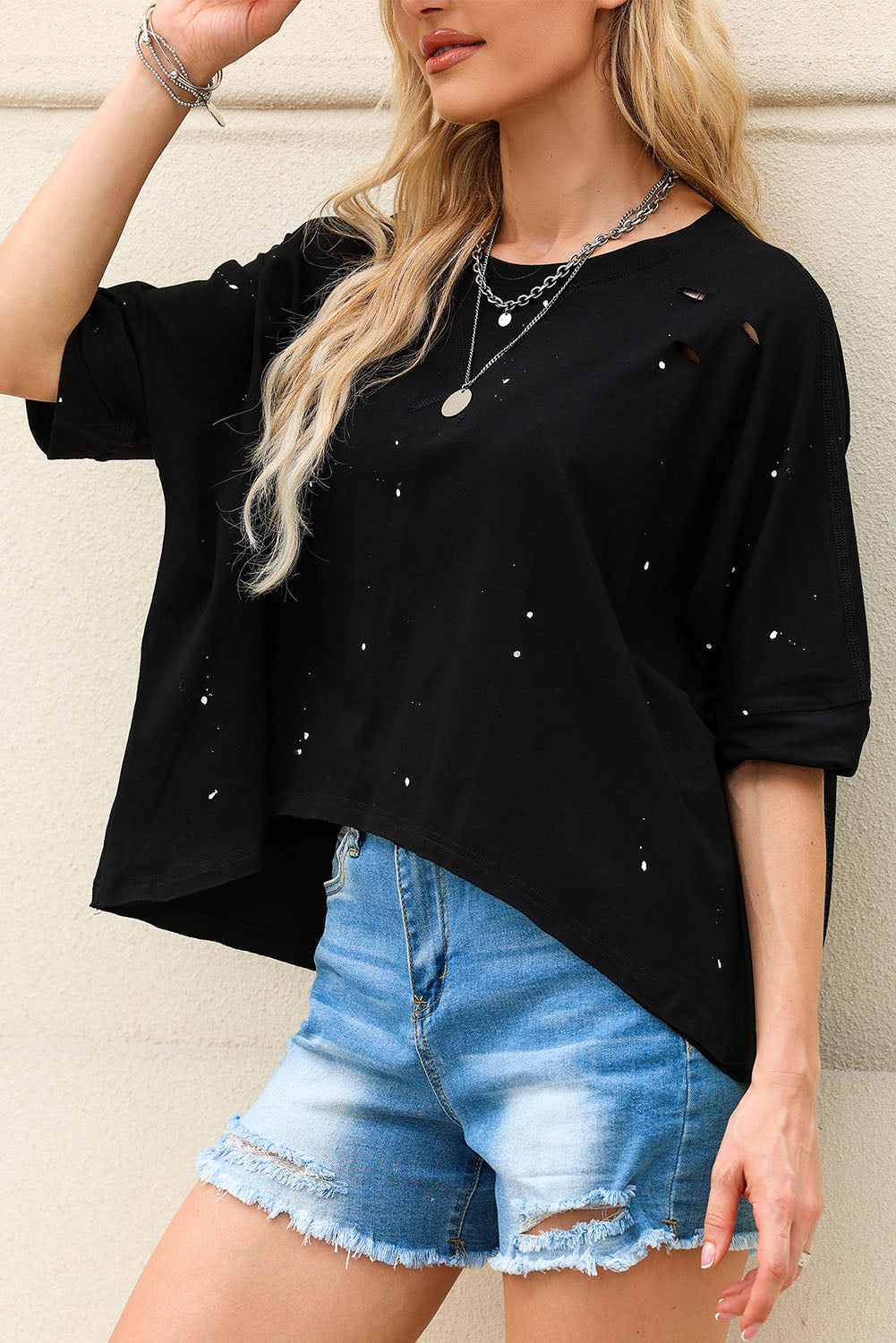 Distressed Bleached Asymmetric Hem Short Sleeve Top | Black