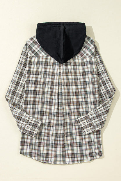 Checkered Print Loose Fit Buttoned Hooded Shacket | Black