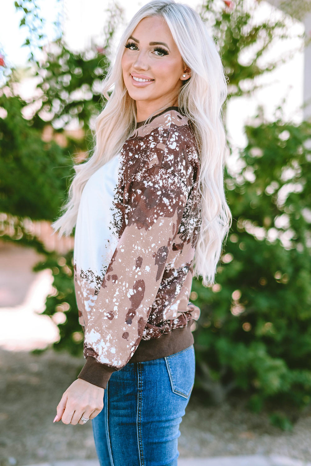 Bleached Tie Dye Leopard Print Long Sleeve Top | Brown