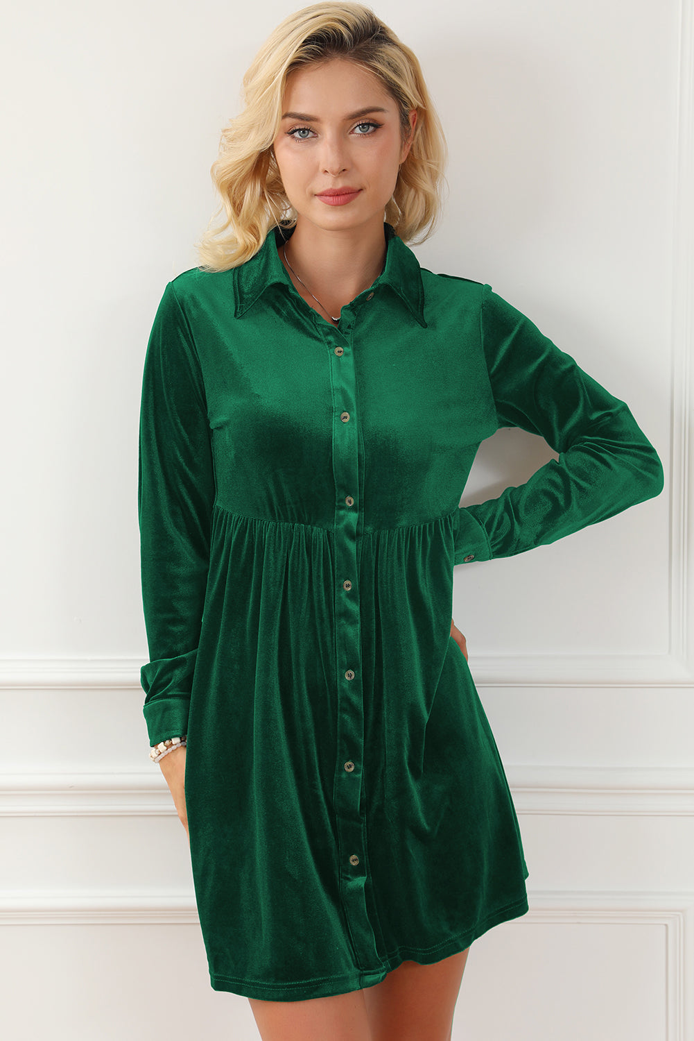 Long Sleeve Ruffle Velvet Button Up Dress | Green