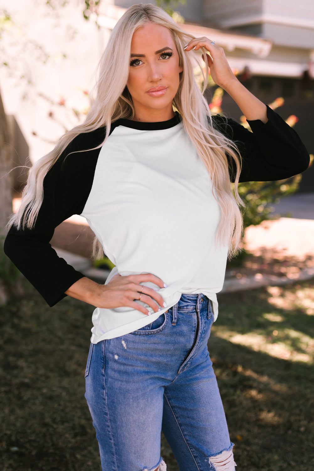 Colour Block Raglan Sleeve Pullover Top | Black