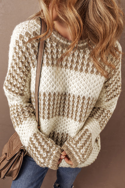 Drop Shoulder Round Neck Loose Sweater | Brown Stripe