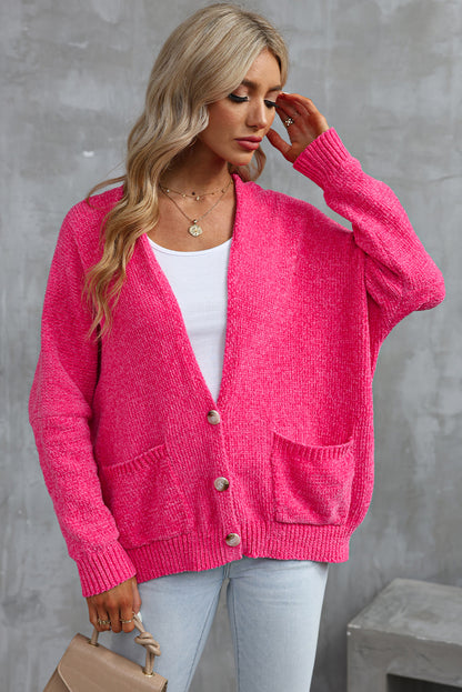 Buttons Front Pocketed Sweater Cardigan | Rose