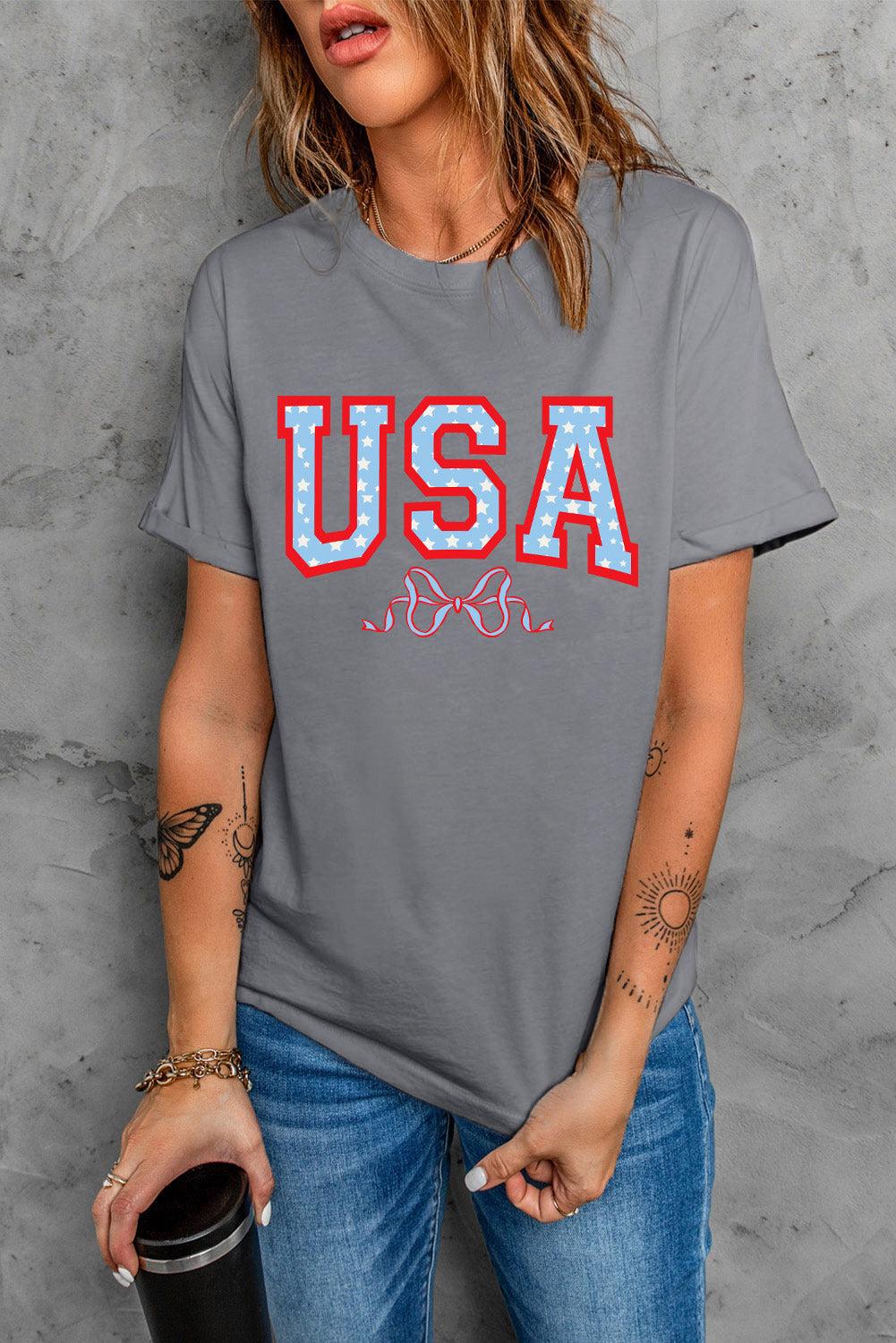 Usa Star Bow Knot Print Crew Neck T Shirt | Gray