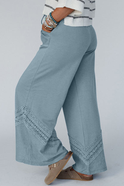 Lace Crochet Patched Lace-Up High Waist Wide Leg Pants | Dusk Blue