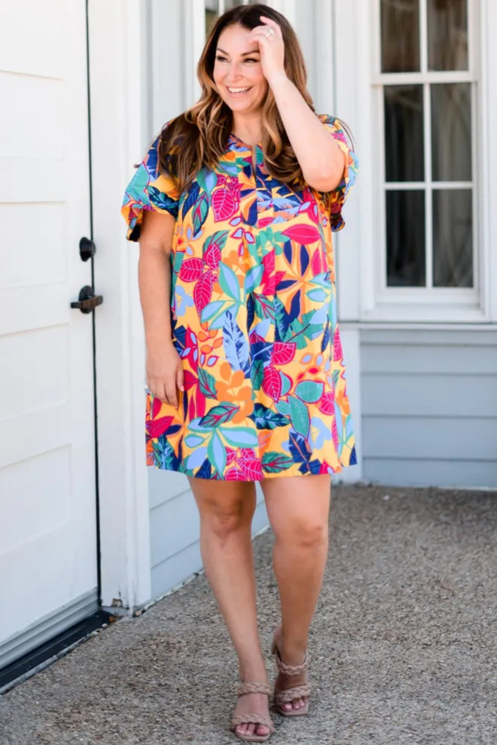 Plus Size Leafy Print Split Neck Short Sleeve Shift Dress | Multicolour