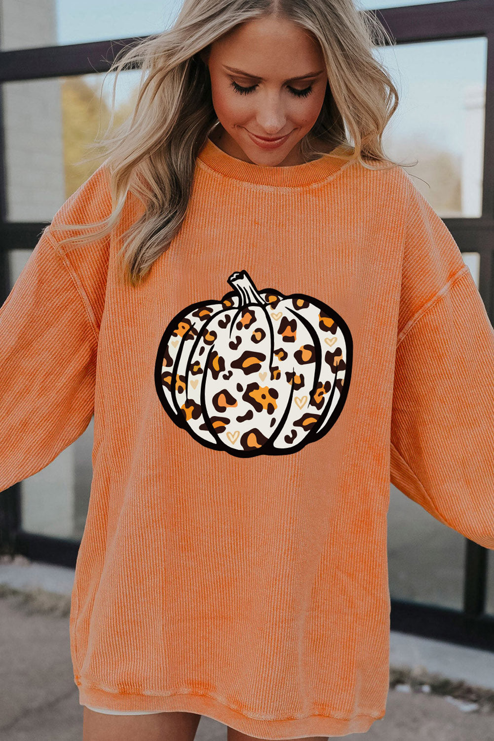 Leopard Pumpkin Graphic Corded Sweatshirt | Orange