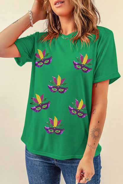 Sequin Mardi Gras Mask Patched Pattern Crewneck Tee | Bright Green