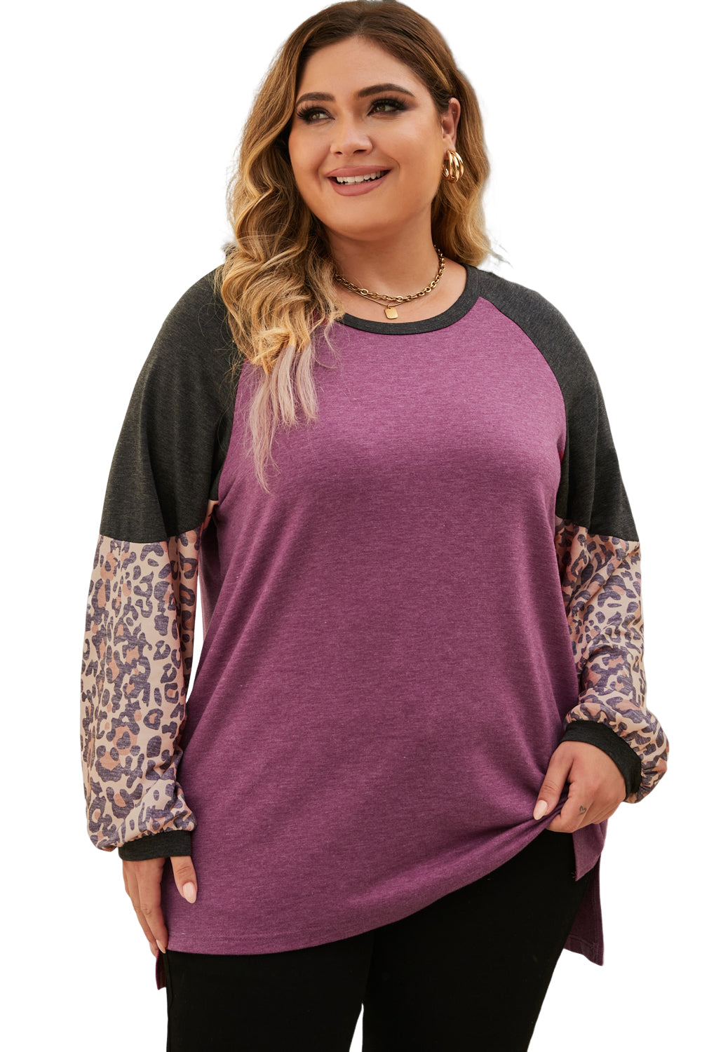 Leopard Colourblock Long Sleeve Plus Size Top | Multicolour