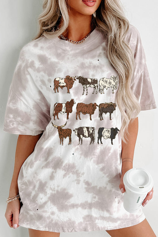 White Western Cattle Tie Dye Print O Neck Oversized Tee