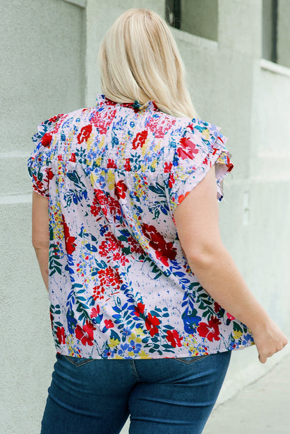 Fiery  Plus Floral Print Ruffle Cap Sleeve V Neck Blouse | Red