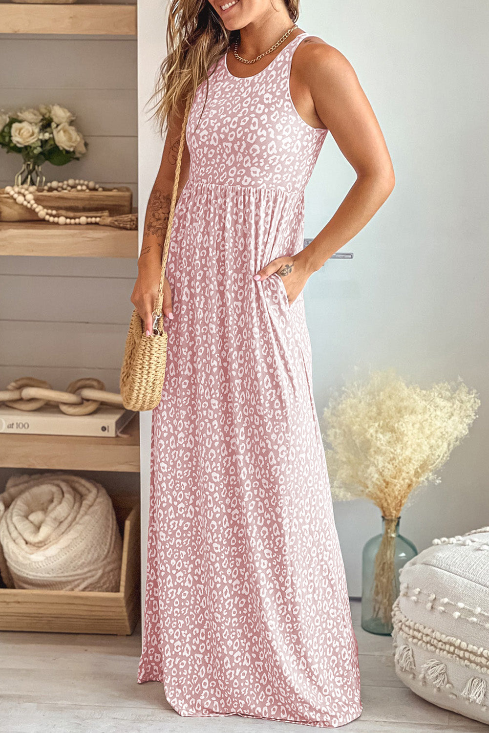 Leopard Print Pocketed Sleeveless Maxi Dress | Pink