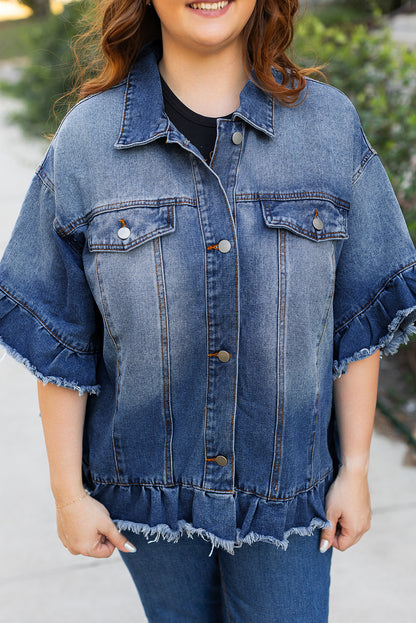 Ruffled Frayed Short Sleeve Plus Size Denim Jacket | Peacock Blue