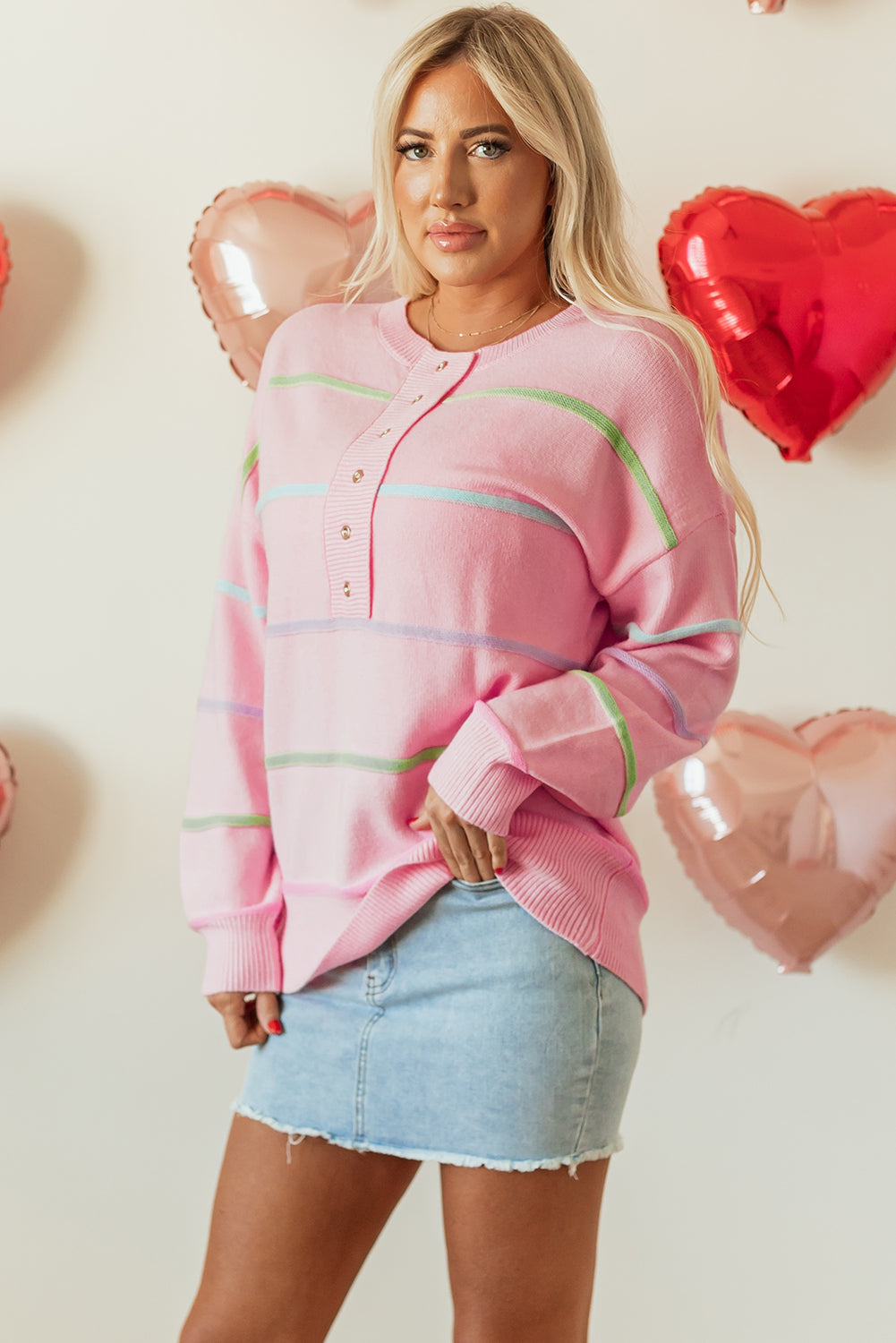 Rainbow Stripes Drop Shoulder Baggy Henley Sweater | Pink