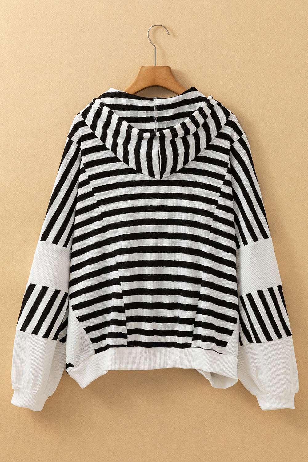 Black White Oversized Striped Henley Buttons Dolman Sleeve Hooded Top | Black white