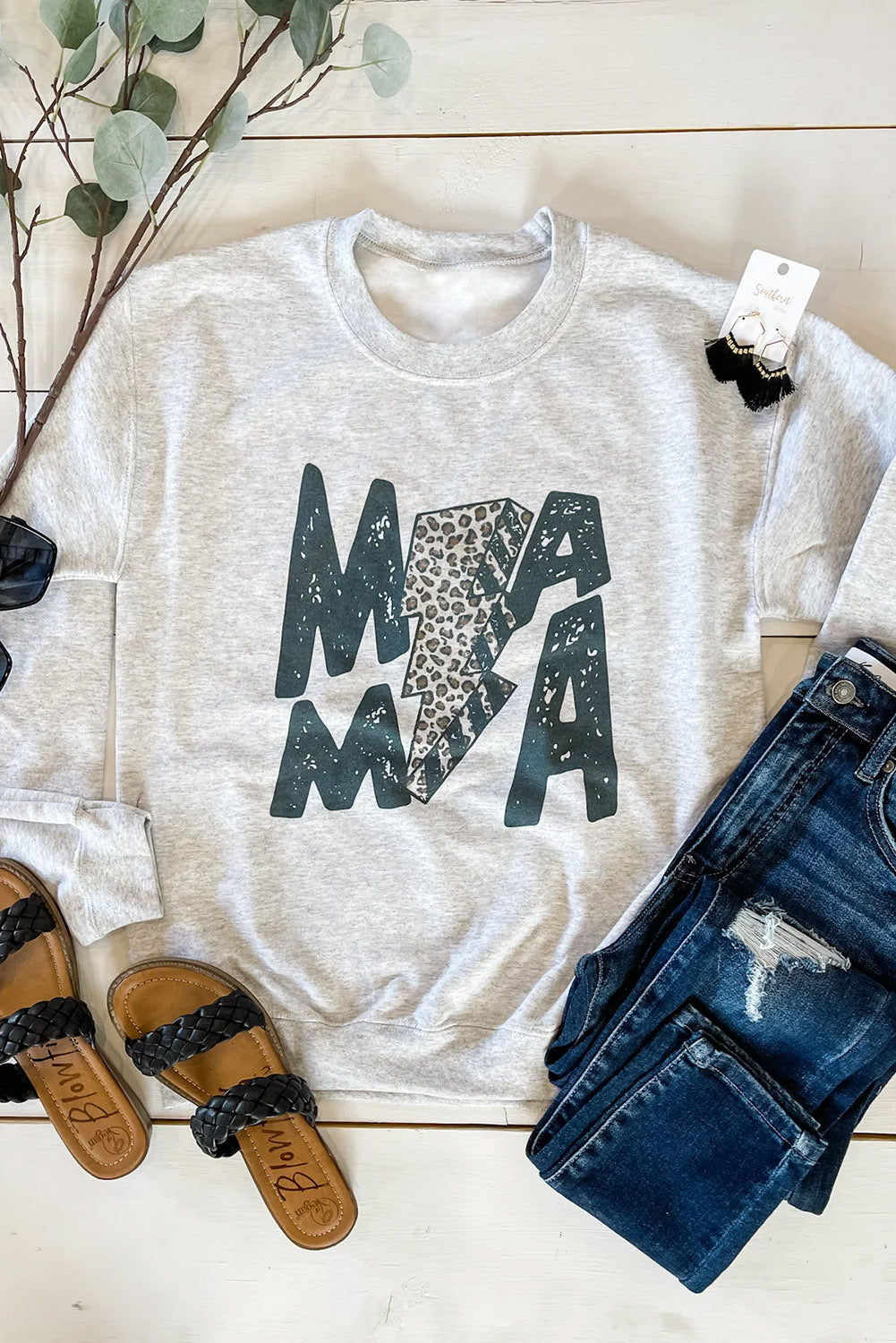 Mama Lightning Leopard Print Long Sleeve Sweatshirt | Gray