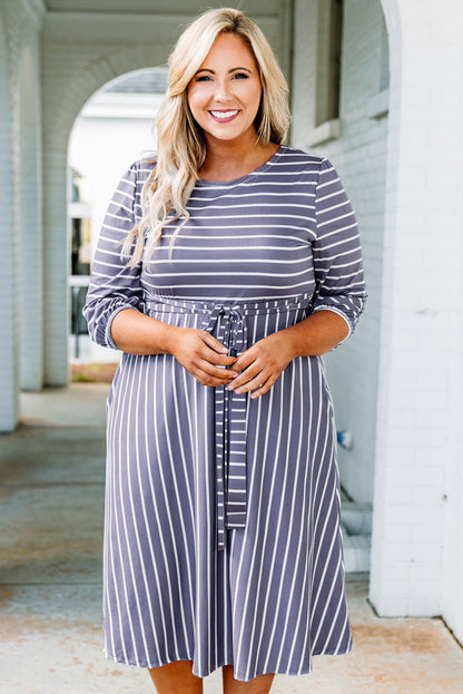 Striped Tie Waist 3/4 Sleeve Plus Size Dress | Gray