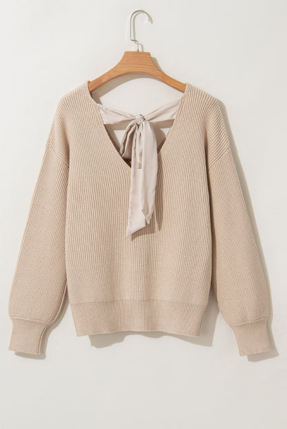 Lantern Sleeve V Neck Knot Back Sweater | Apricot