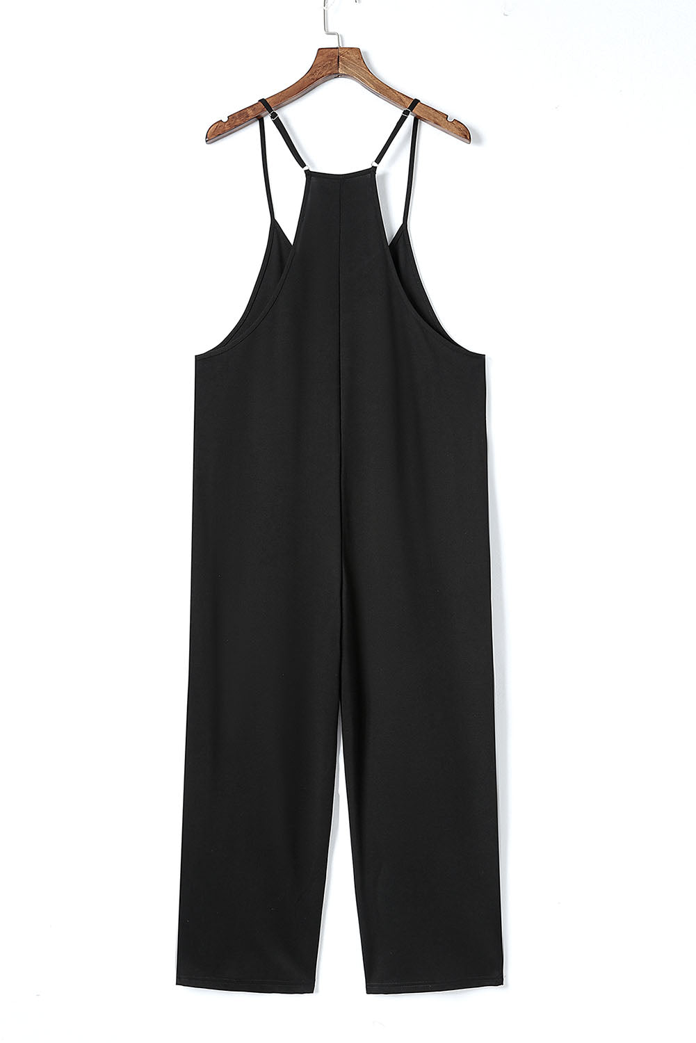 Pocketed Adjustable Spaghetti Strap Straight Leg Jumpsuit | Black