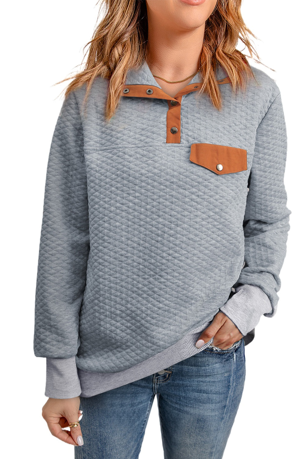 Quilted Snaps Stand Neck Pullover Sweatshirt With Fake Front Pocket | Gray